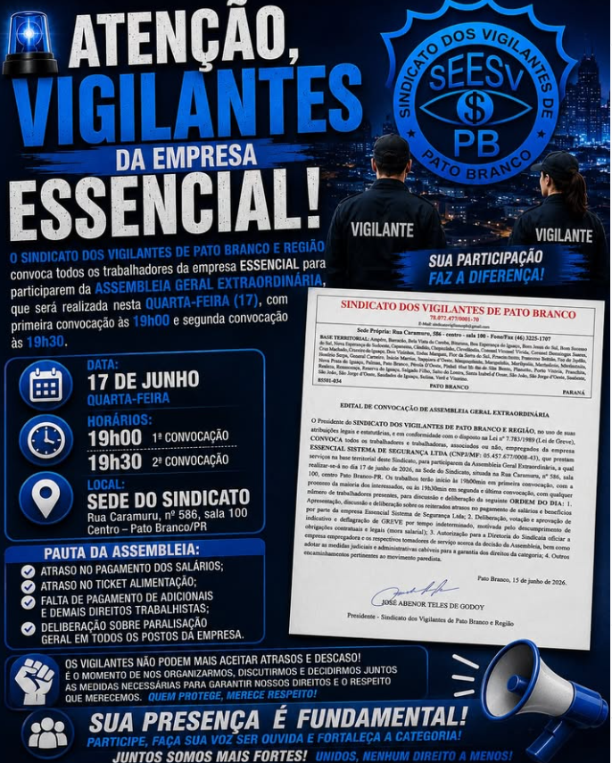 🚨 ATENÇÃO, VIGILANTES DA ESSENCIAL EM PATO BRANCO E REGIÃO! 🚨